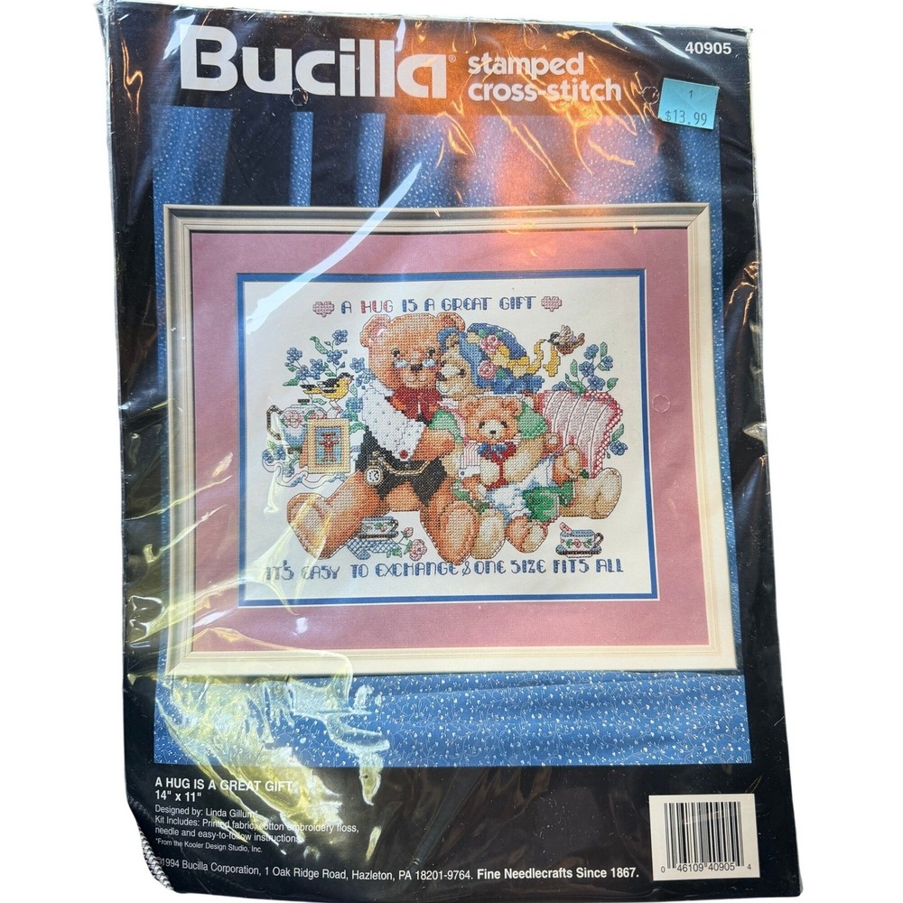 Vtg 1994 Bucilla Cross-Stitch Kit "A Hug Is A Great Gift" Teddy Bears 40905 NIP